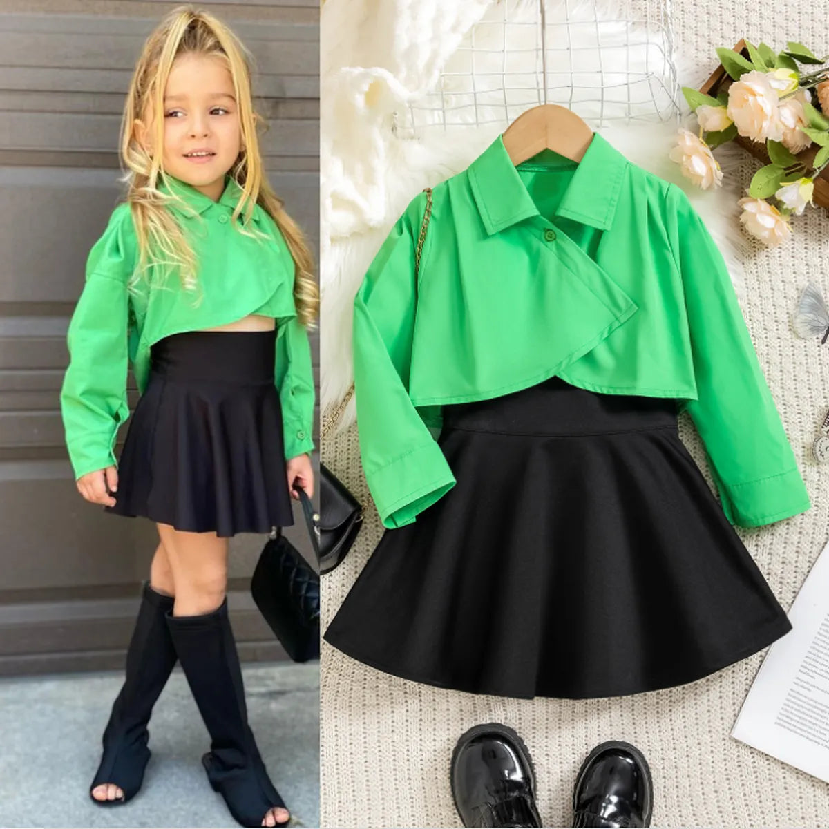 Trend Setter Cropped Shirt & Skater Skirt Set – Neon Green & Black (3-7 Years)
